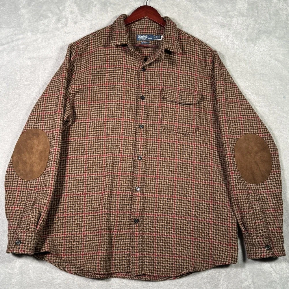 Ralph‎ Lauren Shirt Mens 2XL Brown Wool Check Suede Elbow Overshirt Houndstooth